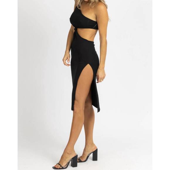 NEW CRESCENT front knot asymmetric midi dress in black - Picture 3 of 5